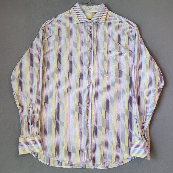 Bugatchi Uomo Shirt Men’s L Colorful Striped Shaped Fit Party Style EUC - Picture 3 of 12